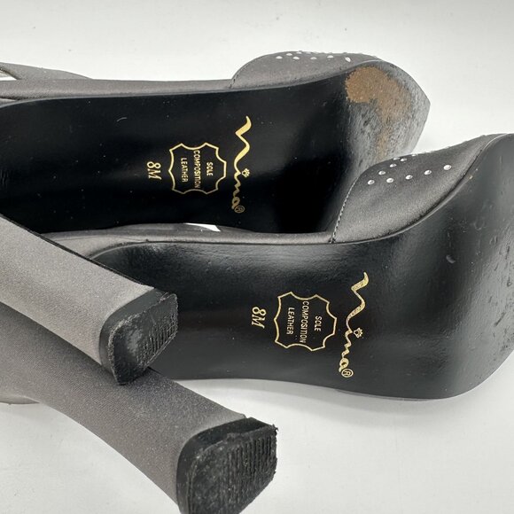 Nina Womens Size 8 Gray Satin Slingback Heels With Rhinestone Embellishments - Picture 8 of 10